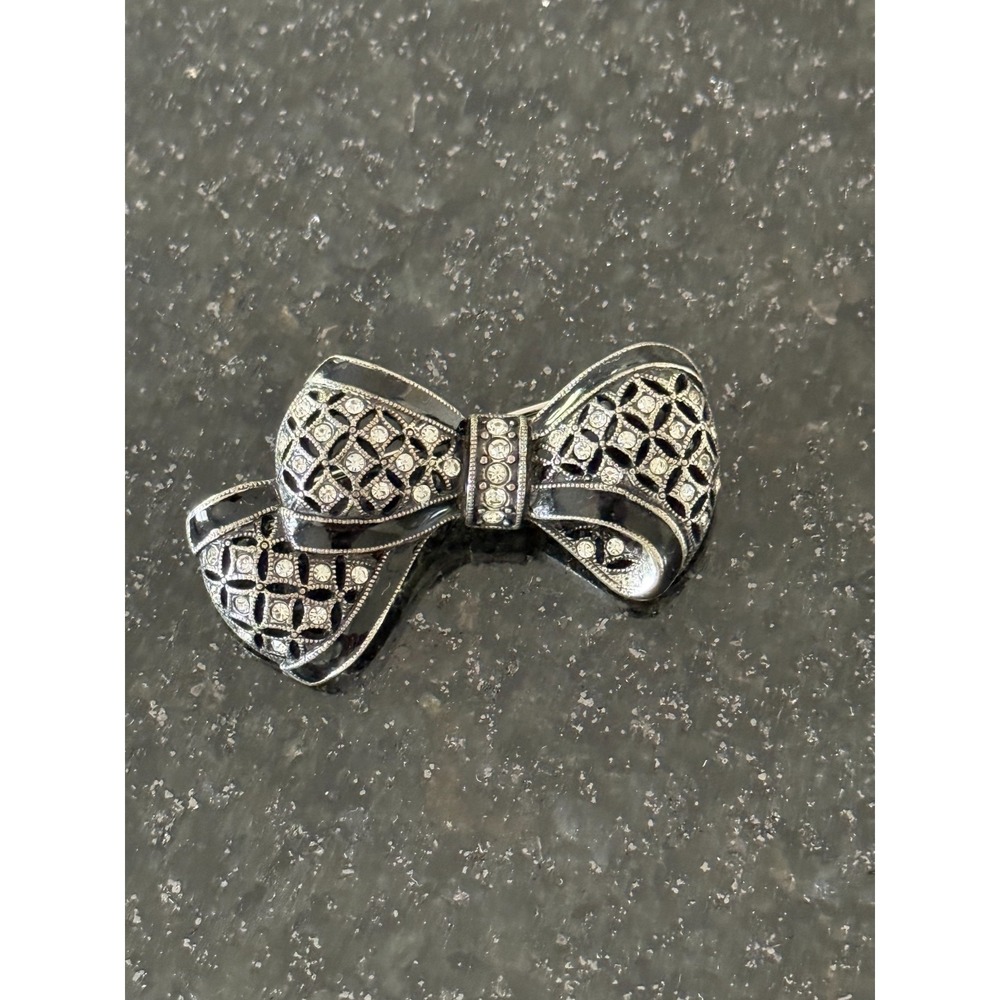 VTG Ann Klein Bow Shaped Brooch Black Enamel w/ Rhinestones in Silver Tone Metal